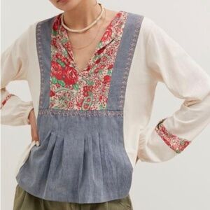 Anthropologie - Tiny Brand - Large - Floral, chambray peasant top cottagecore!